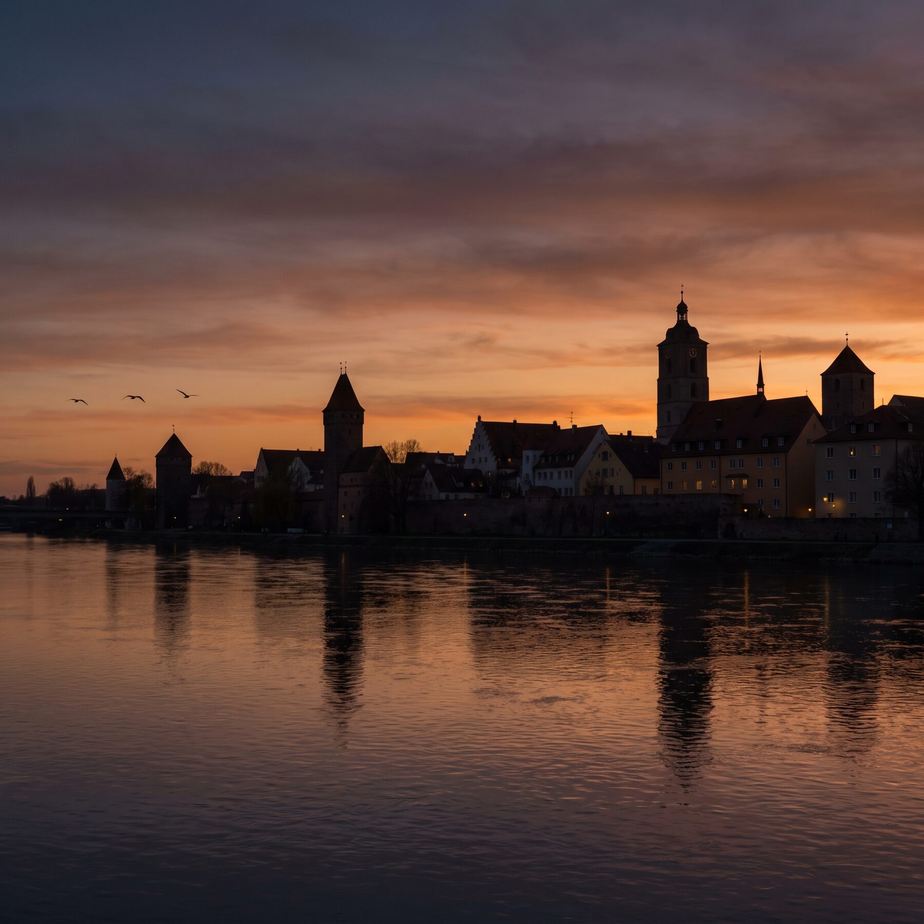 Altstadtsilhouette mit Türmen am Wasser bei Sonnenuntergang