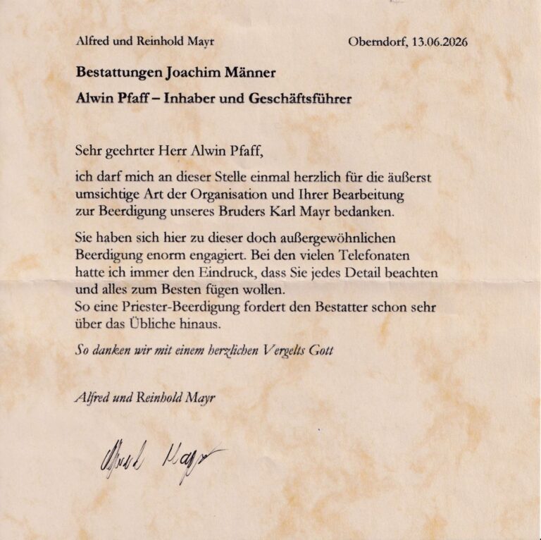 Dankschreiben von Angehörigen an Bestattungen Joachim Männer