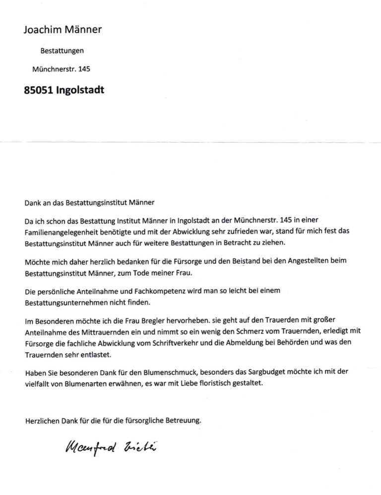 Dankschreiben 6 von Angehörigen an Bestattungen Joachim Männer